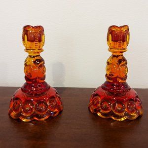 Vintage L.E. Smith Moon & Stars Pattern Amberina Candlesticks